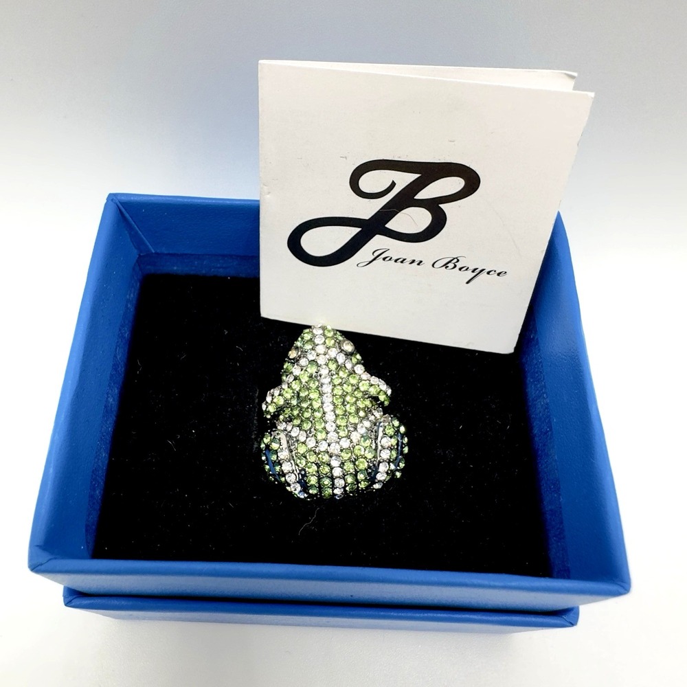 Joan Boyce "Frog" Ring Green Crystal Silvertone Pave Size 6 Statement Party